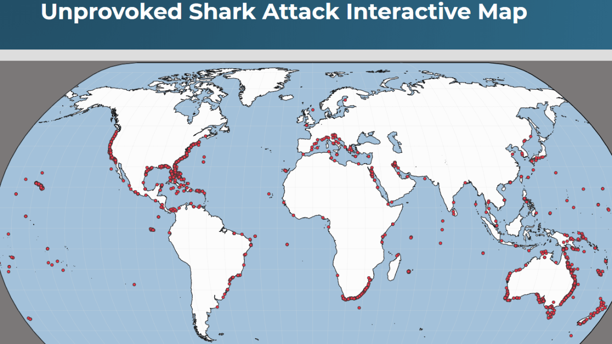 Mapa zatím zaznamenaných nevyprovokovaných útoků žralokem