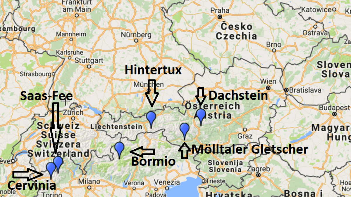 Letní lyžování, mapa vybraných ledovců v Evropě. Itálie, Rakousko, Švýcarsko