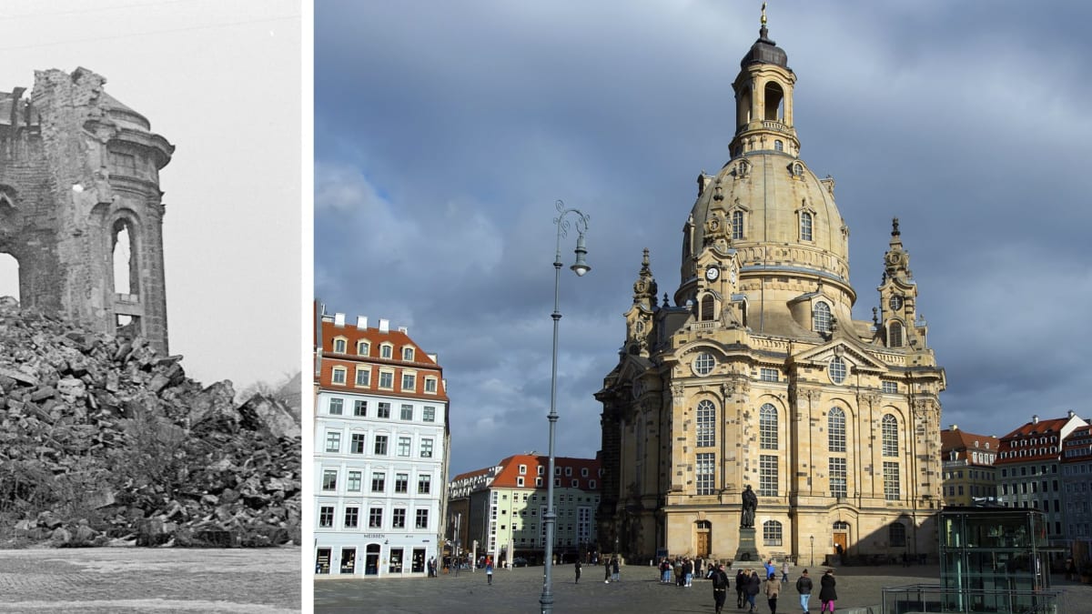 Trosky kostela Frauenkirche zachycené v roce 1967 a stejný kostel dnes