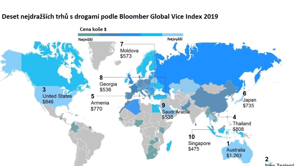 Deset nejdražších trhů s drogami podle Bloomber Global Vice Index 2019