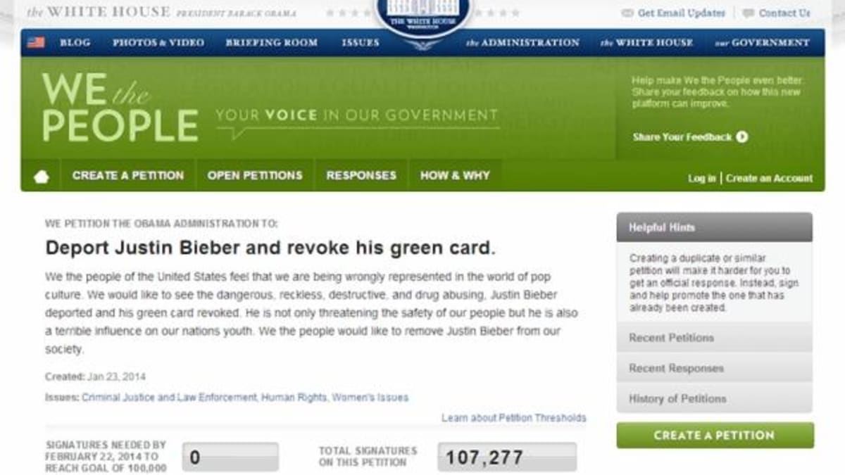 Petice proti Justinu Biberovi