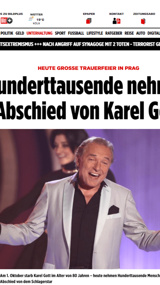 O loučení s Karlem Gottem píše i server nejčtenějšího německého listu