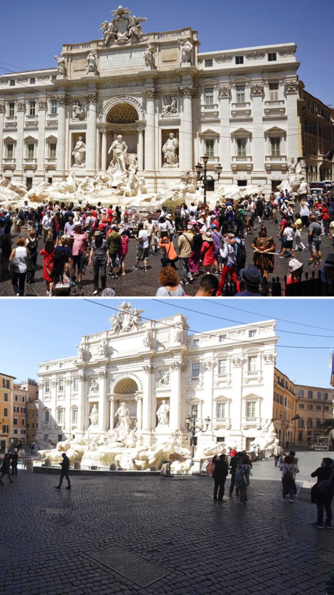 Fontána di Trevi v Římě (dříve a nyní)