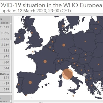 Mapa výskytu koronaviru v Evropě dle Světové zdravotnické organizace (WHO)