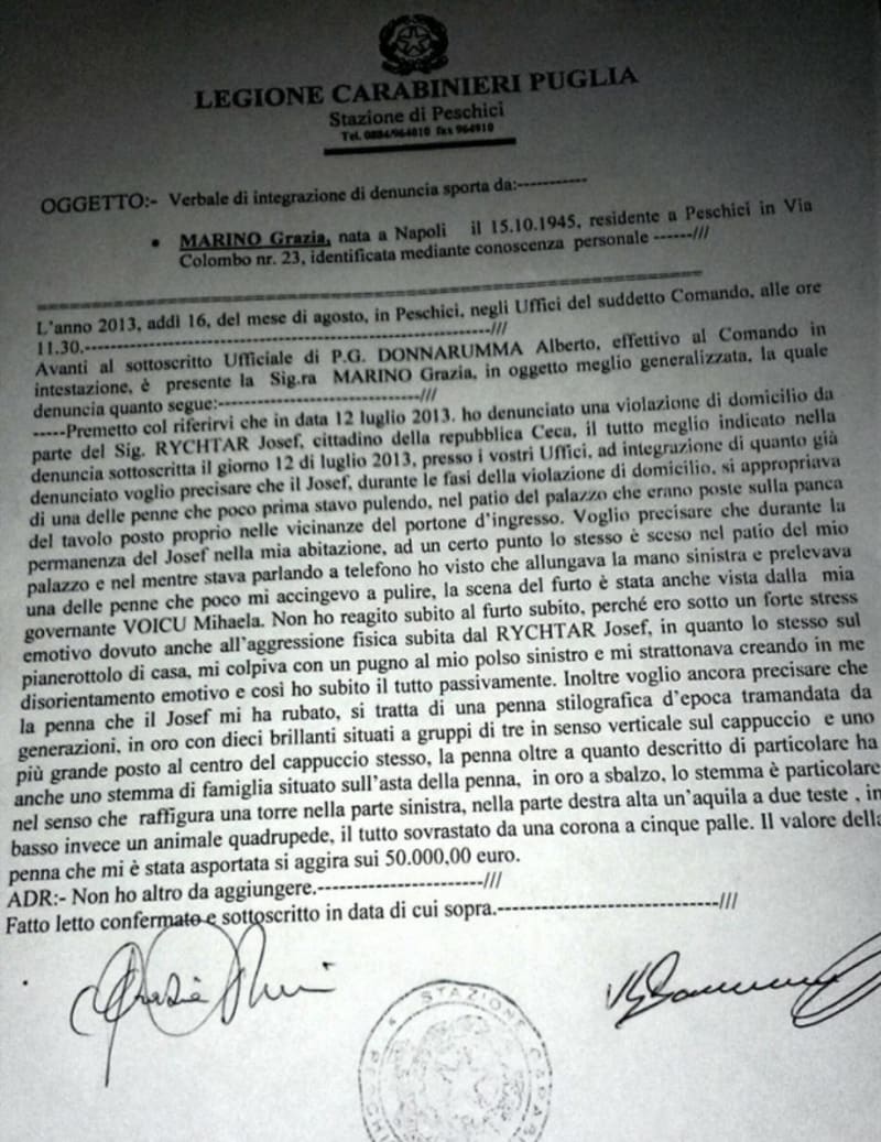 Kopie trestního oznámení, které podal Domenico Martucci v Itálii na Josefa Rychtáře kvůli ukradenému peru
