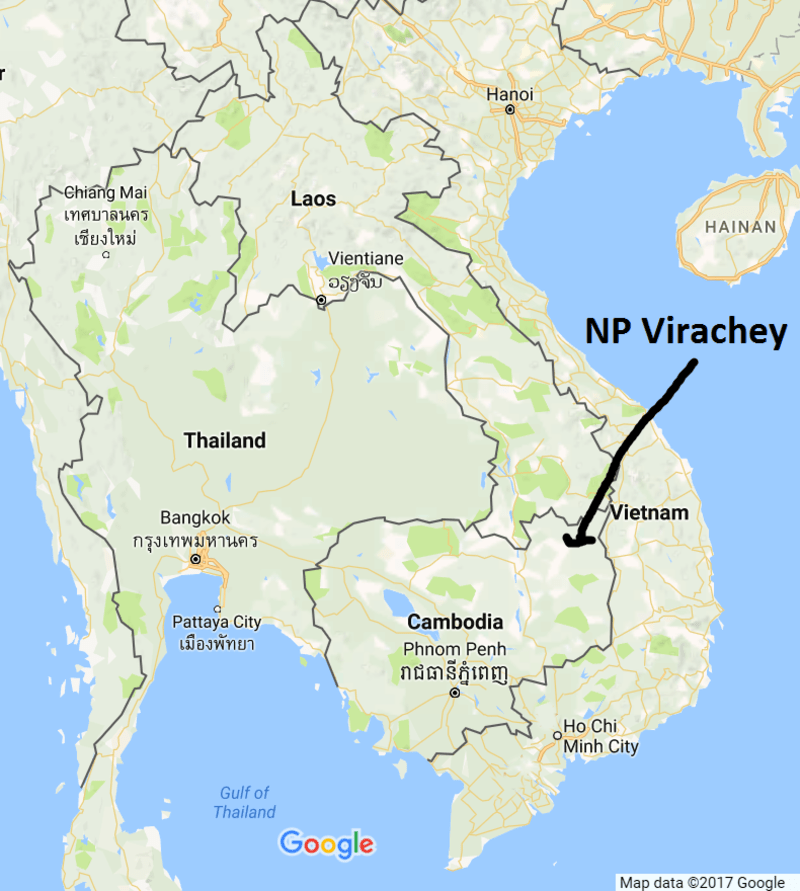 NP Virachey se nachází v Kambodže, na hranicích s Laosem a Vietnamem.