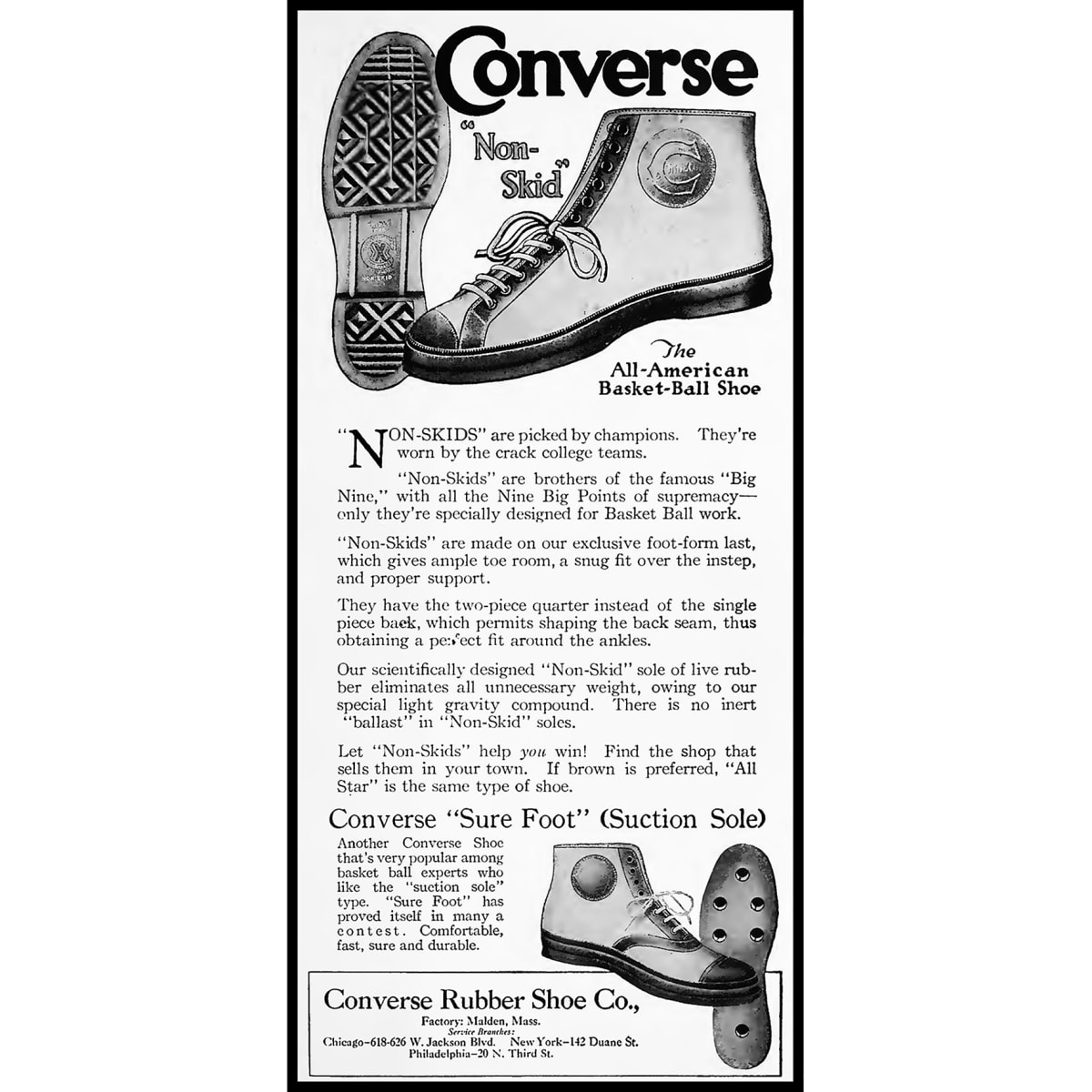 Reklama z roku 1920 na předchůdce ikonické basketbalové obuvi Converse Chuck Taylor All Star.