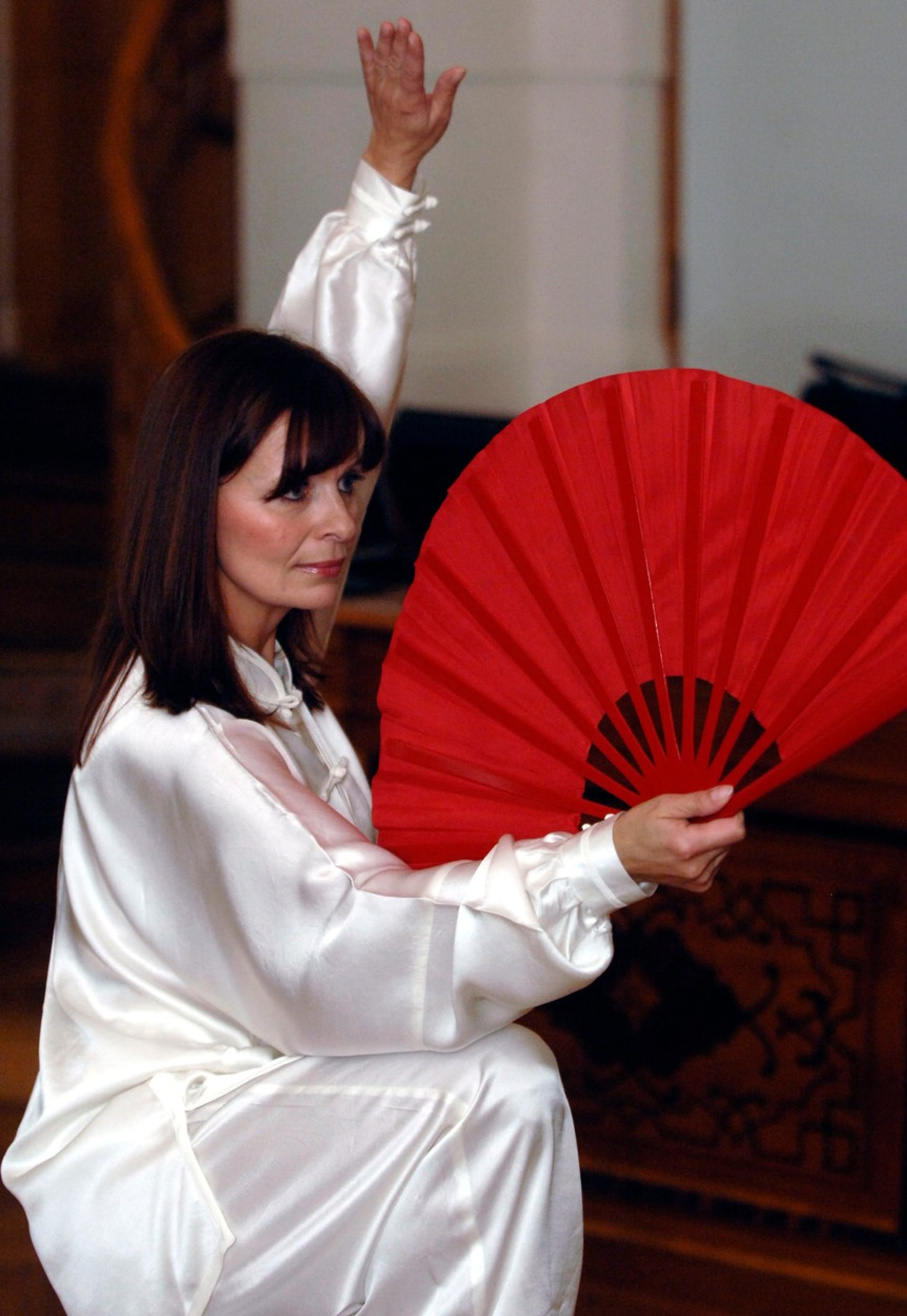 Ljuba Krbová na festivalu čajové kultury v Plzni s ukázkou čínského bojového umění. Herečka předvedla sestavy s mečem a vějířem, který je zde rovněž chápán jako zbraň. 