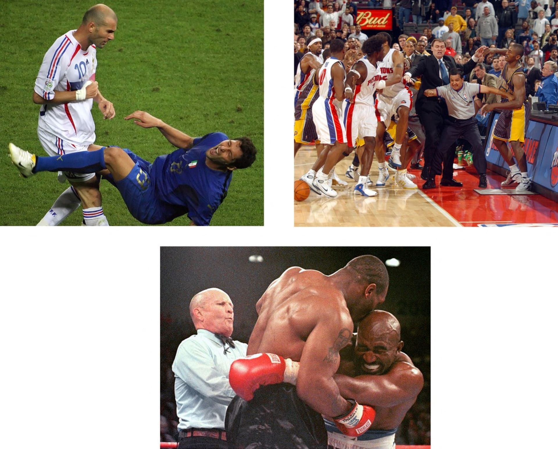 Ikonické sportovní excesy: Zidanova hlavička do Matterazziho, potyčka mezi hráči NBA v roce 2004 a pokus boxera Tysona o ukousnutí Holyfieldova ucha