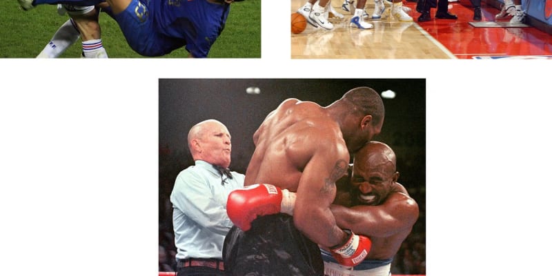 Ikonické sportovní excesy: Zidanova hlavička do Matterazziho, potyčka mezi hráči NBA v roce 2004 a pokus boxera Tysona o ukousnutí Holyfieldova ucha