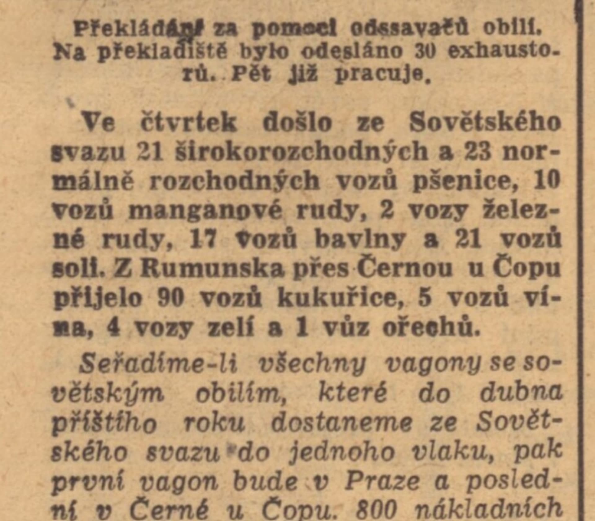 Rudé právo,13. 12. 1947, sovětská pomoc proudí na pomoc suchem zdevastovanému Československu. Ukrajinští i ruští venkované mezitím umírají hladem