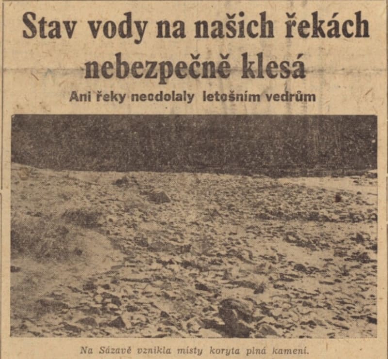Rudé právo, 26. 9. 1947, z řeky Sázavy se stalo kamenné koryto bez vody. 