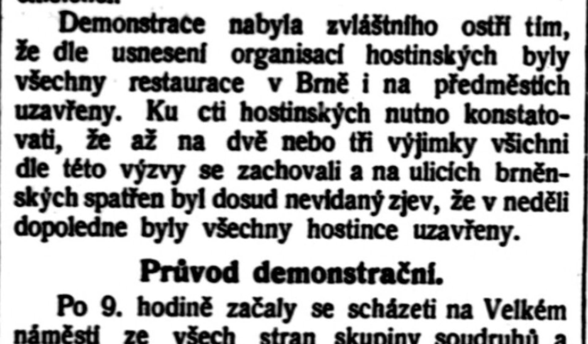 Popis brněnské demonstrace proti pivní dani v deníku Rovnost, 24. května 1909.