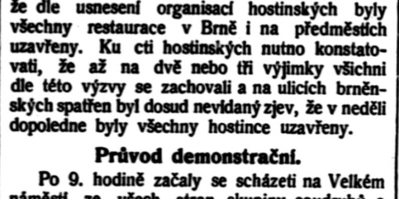 Popis brněnské demonstrace proti pivní dani v deníku Rovnost, 24. května 1909.