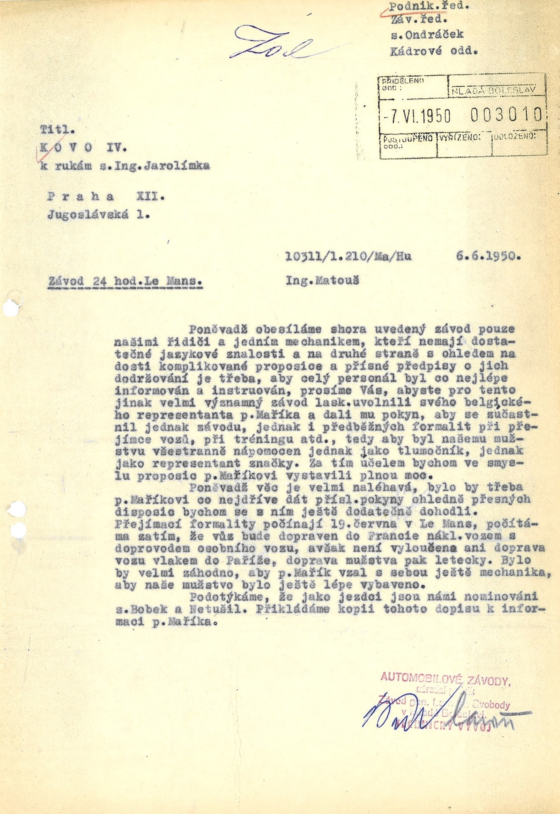 Dopis z roku 1950, ve kterém tým Škody z Mladé Boleslavi žádá o přidělení pomocného personálu.