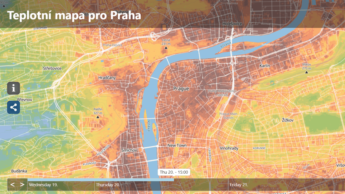 Teplotní mapa centra Prahy z 20. 7. 2023