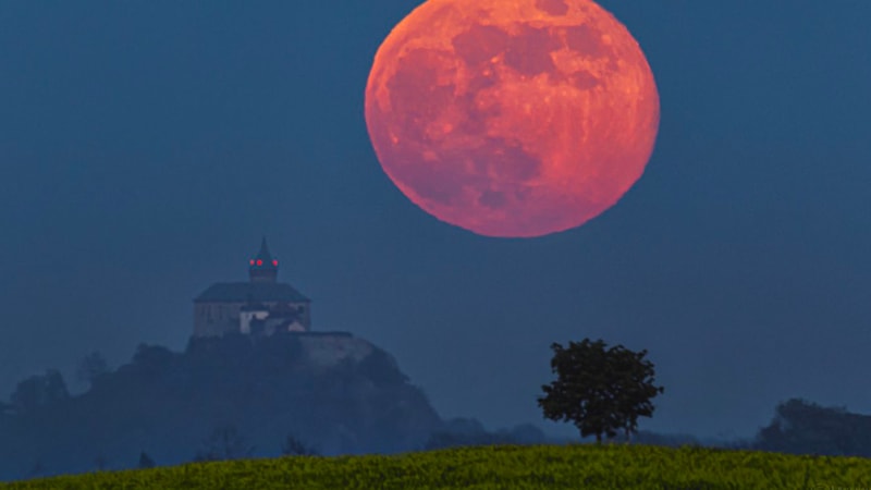 „Superúplněk“ vychází za Kunětickou horou. Vjem velkého Měsíce vůči hradu je důsledkem perspektivy. Načervenalá barva je způsobena zeslabením měsíčního svitu procházejícího zemskou atmosférou