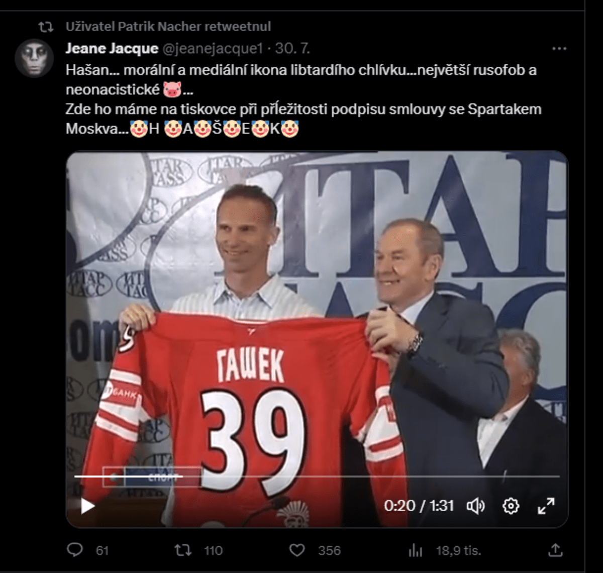 Printscreen z tweetu proti Dominiku Haškovi, který sdílel Patrik Nacher.