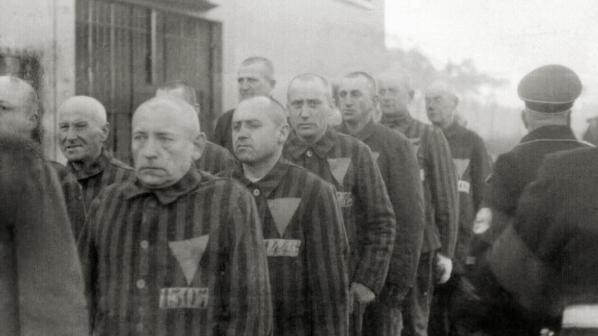Homosexuální vězni označení růžovým trojúhelníkem v německém koncentračním táboře Sachsenhausen 19. prosince 1938. 