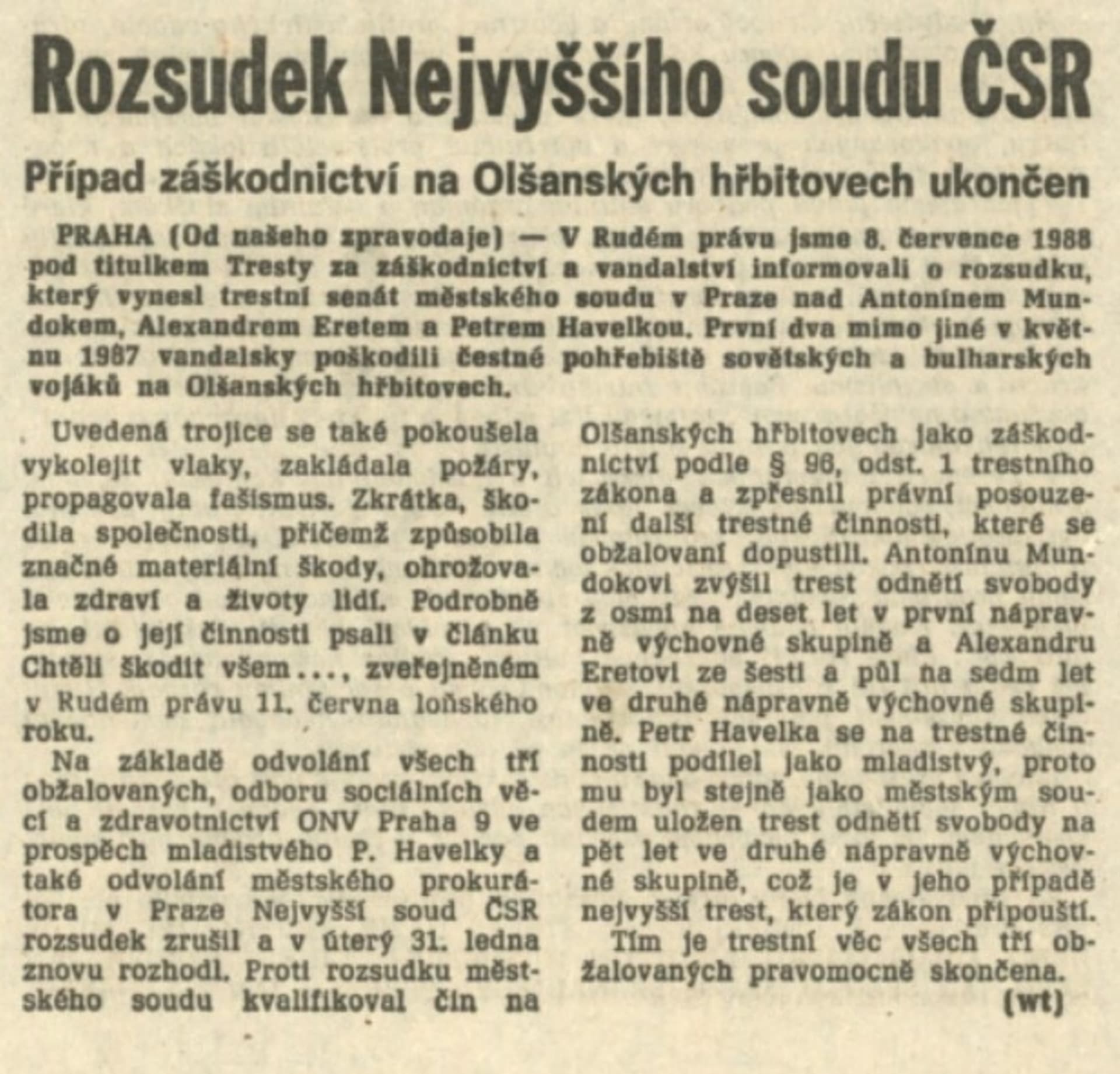 Proces Olšanské hřbitovy v dobovém tisku. Rudé právo 1. 2. 1989.