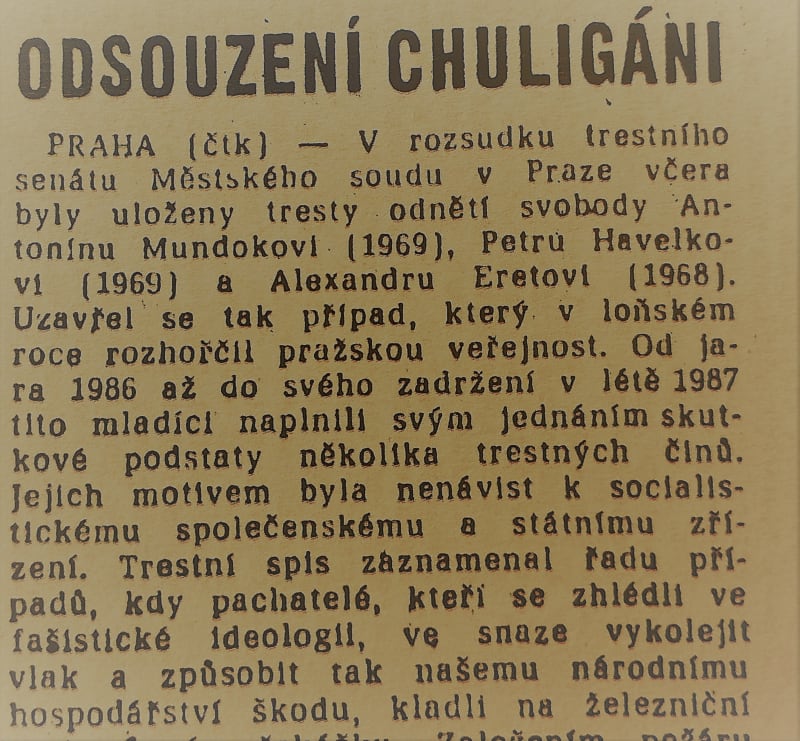 Proces Olšanské hřbitovy v dobovém tisku. Rudé právo Svobodné slovo. 8. 7. 1988.
