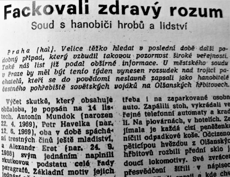 Proces Olšanské hřbitovy v dobovém tisku. Večerní Praha, 6.7.1988.