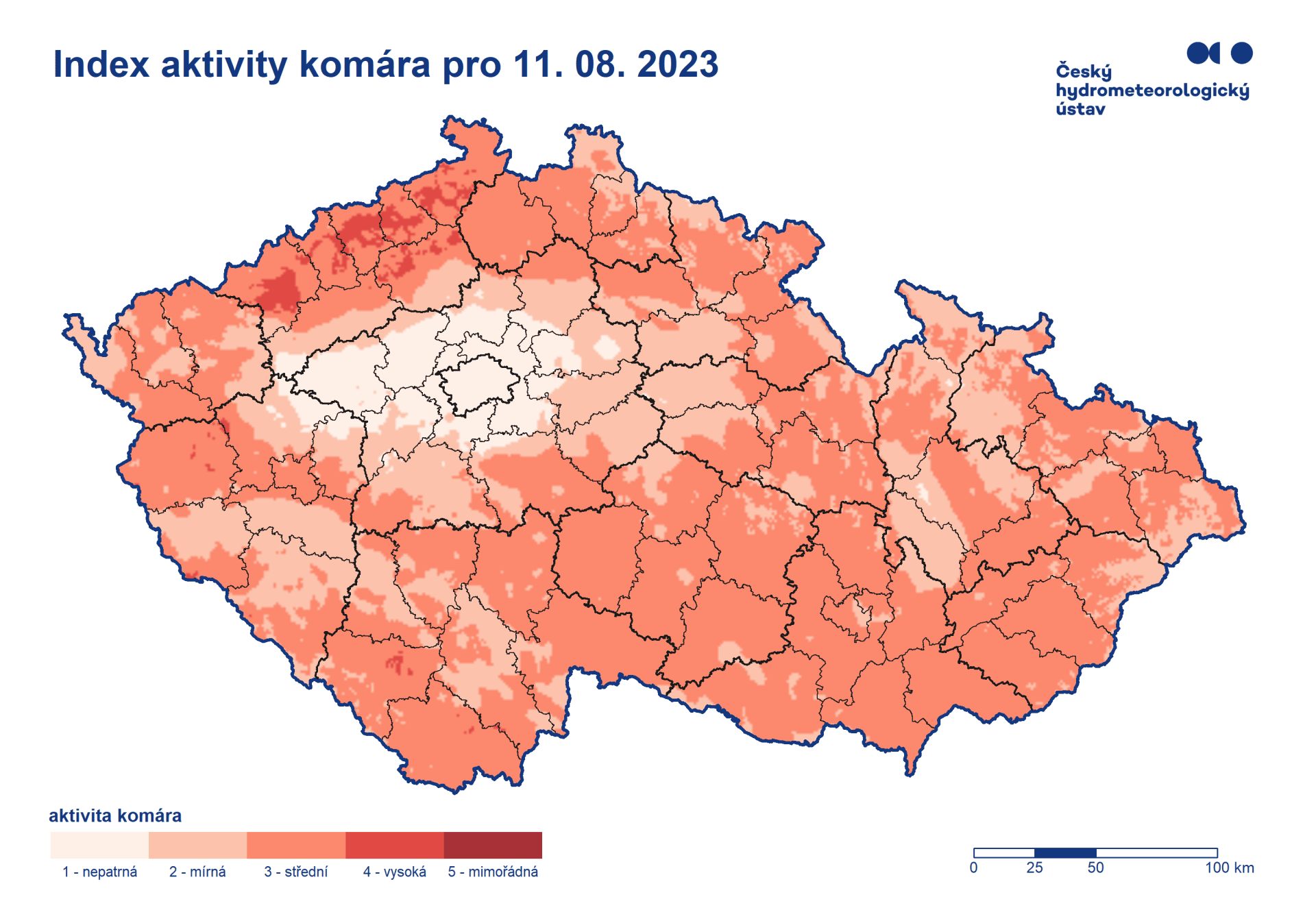 Mapa indexu aktivity komárů podle Českého hydrometeorologického ústavu na pátek