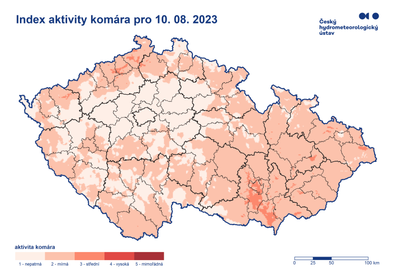 Mapa indexu aktivity komárů podle Českého hydrometeorologického ústavu na čtvrtek