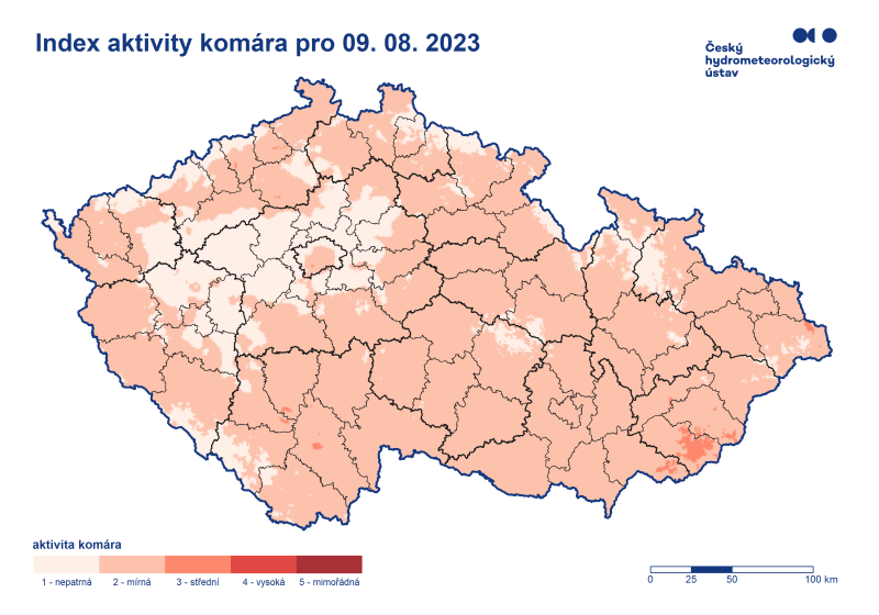 Mapa indexu aktivity komárů podle Českého hydrometeorologického ústavu na středu