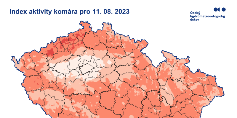 Mapa indexu aktivity komárů podle Českého hydrometeorologického ústavu na pátek