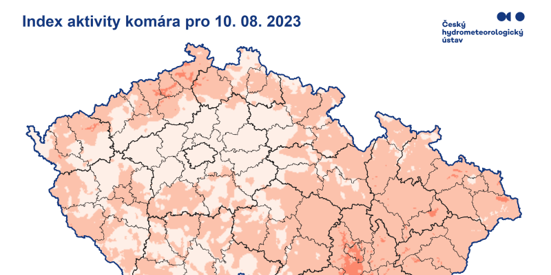 Mapa indexu aktivity komárů podle Českého hydrometeorologického ústavu na čtvrtek