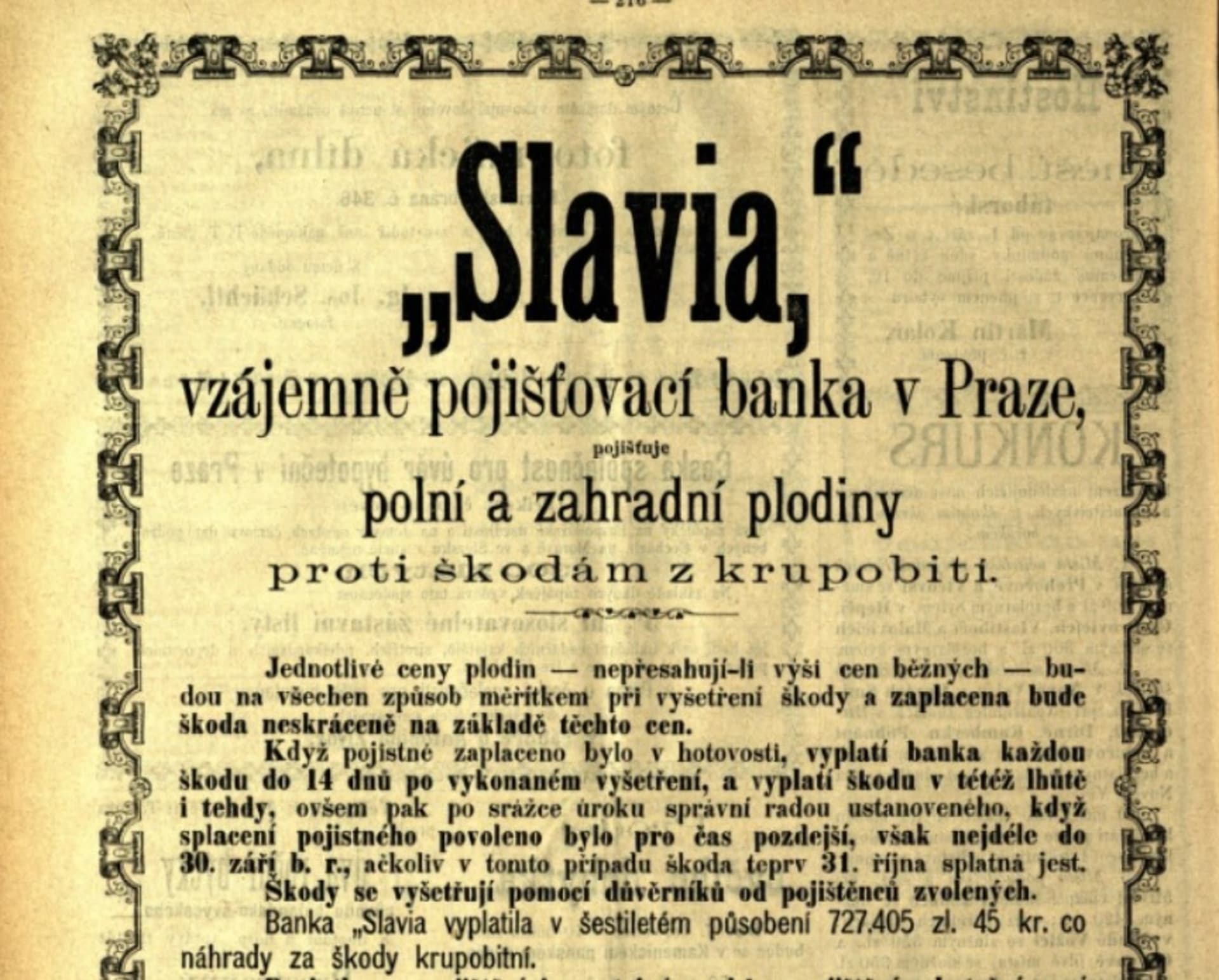 Reklama na pojištění proti krupobití z 1. července 1876