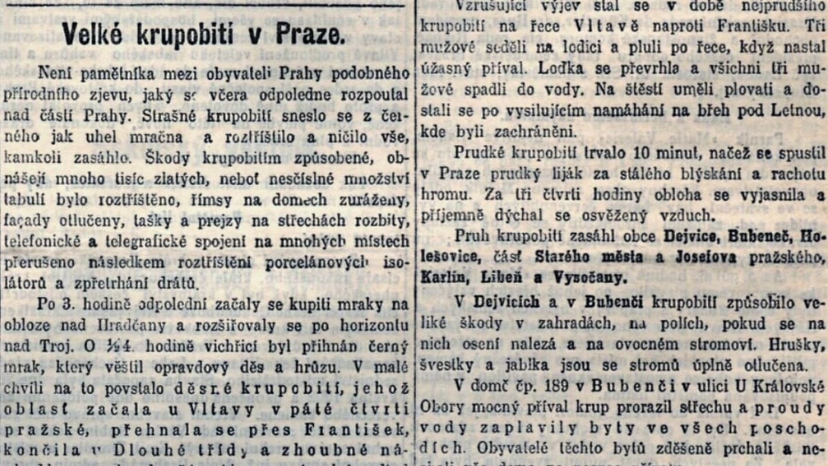 Zpráva o velkém krupobití v Praze, Národní listy, 13. září 1905
