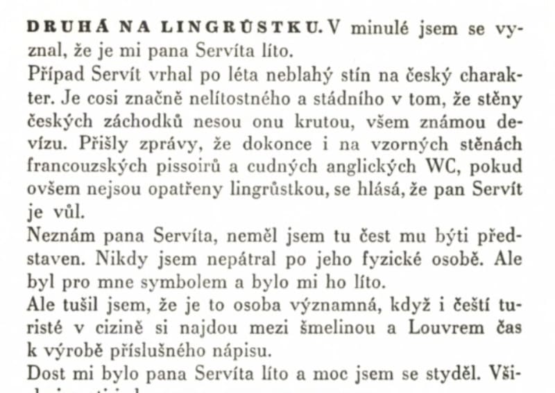 Básník Jan Skácel o Servítovi. Sloupky z časopisu Host vyšly v knize Jedenáctý bílý kůň. Nakladatelství Blok, Brno 1966