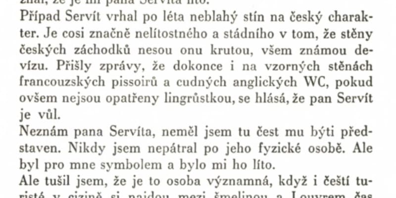 Básník Jan Skácel o Servítovi. Sloupky z časopisu Host vyšly v knize Jedenáctý bílý kůň. Nakladatelství Blok, Brno 1966