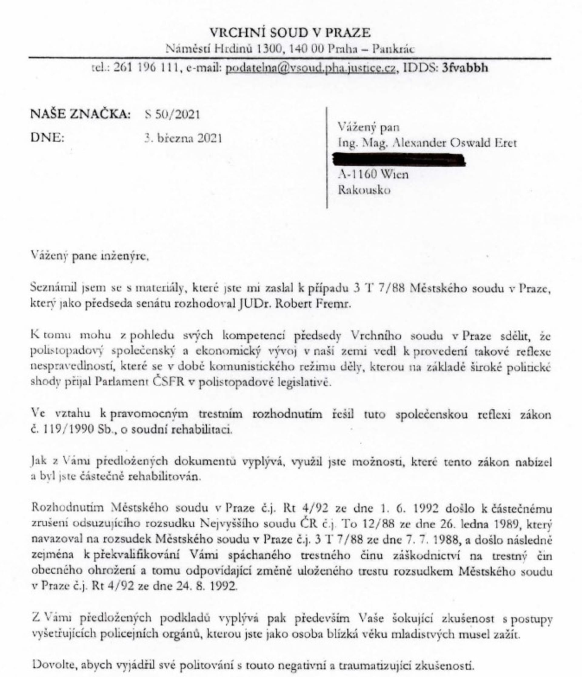 Dopis předsedy Vrchního sodu v Praze Luboše Dörfla Alexanderovi Eretovi z března 2021.