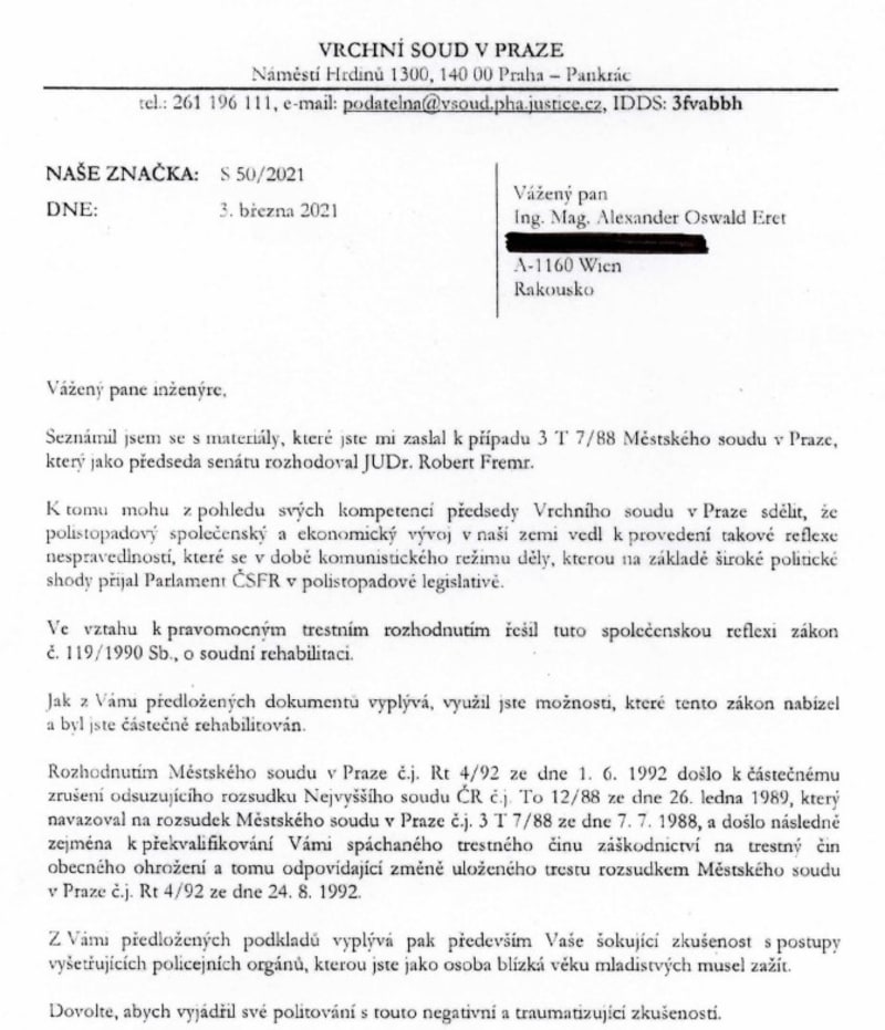 Dopis předsedy Vrchního sodu v Praze Luboše Dörfla Alexanderovi Eretovi z března 2021.