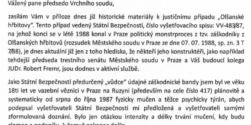 Dopis Alexandera Ereta předsedovi Vrchního sodu v Praze Luboši Dörflovi z února 2021.