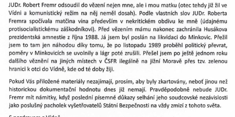 Dopis Alexandera Ereta předsedovi Vrchního sodu v Praze Luboši Dörflovi z února 2021.