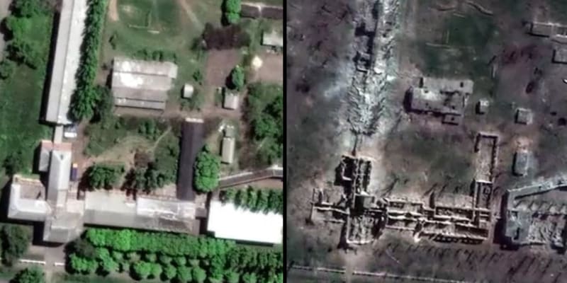 Porovnání snímků města Bachmut před a po ruské invazi