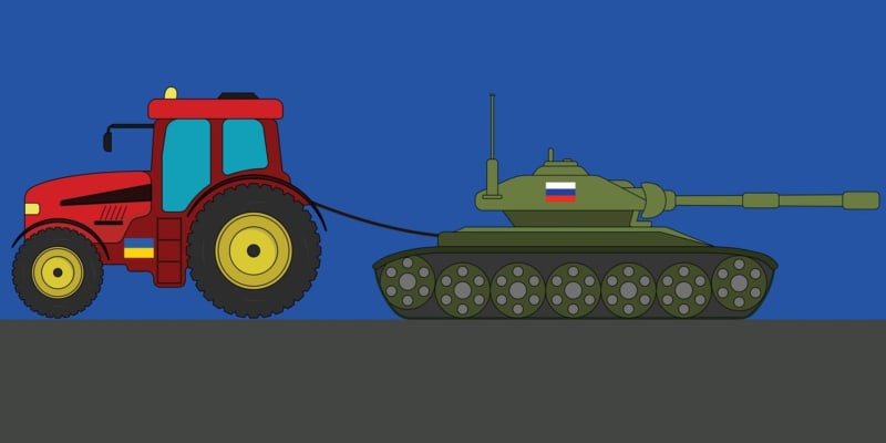 Ilustrace ukrajinského traktoru, který odtáhl ruský tank.