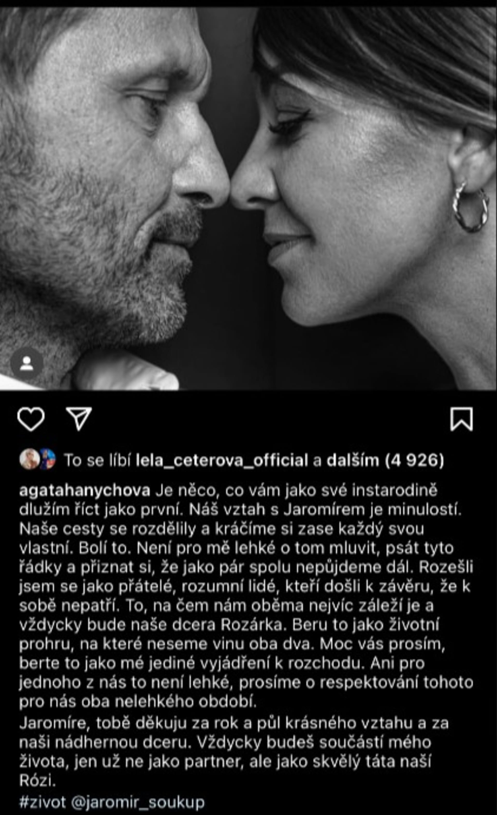 Agáta Hanychová oznámila na sociálních sítích rozchod s Jaromírem Soukupem