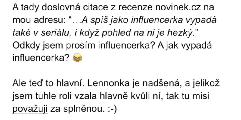 Emma Smetana a její instagramová reakce na kritiku seriálu Eliška a Damián