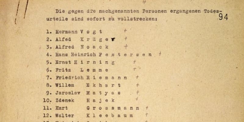 Původní seznam vězňů, podle kterého se za Krvavých nocí v září 1943 popravovalo v berlínské věznici Plötzensee.