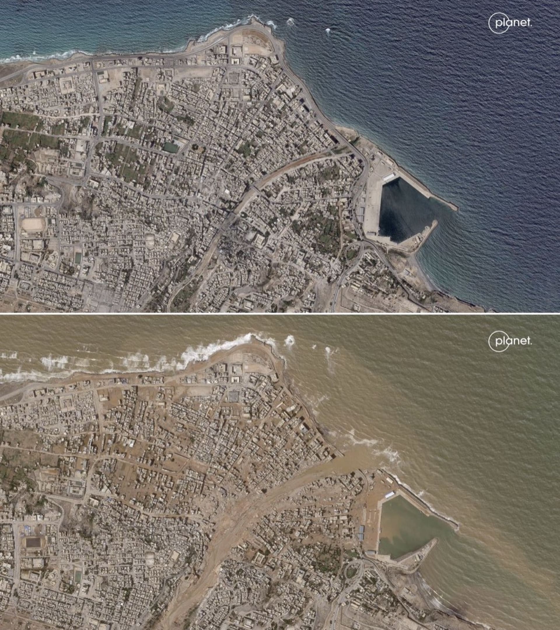 Satelitní snímky ukazují město před a po katastrofě
