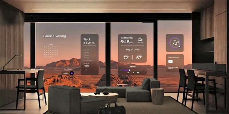 Moderní mobilní off grid domek Studio Pod: Obrovskou skleněnou stěnu od podlahy ke stropu je možné propojit s aplikací, která bude zobrazovat různé venkovní snímky ve vysokém rozlišení. 