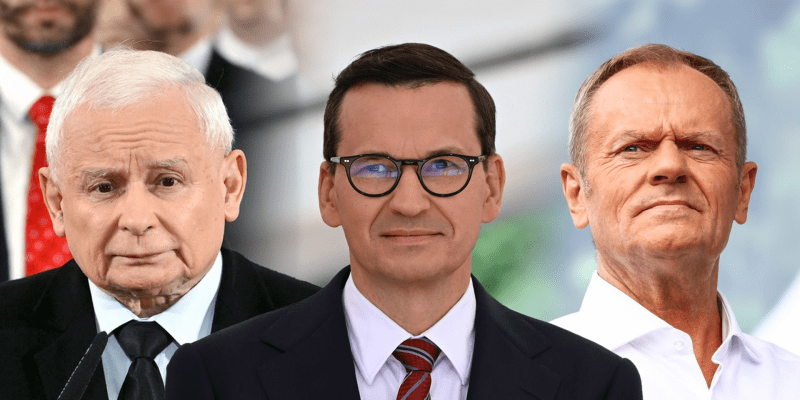 Jaroslaw Kaczynski, Mateusz Morawiecki (oba PiS) a Donald Tusk (PO)