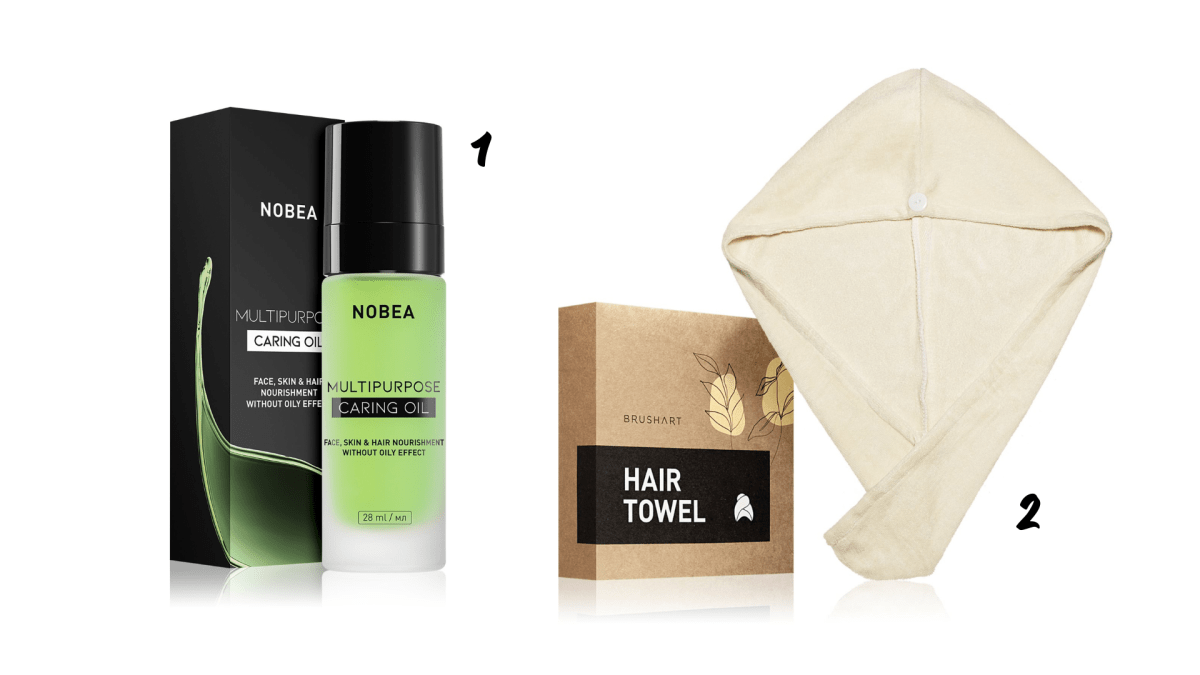 1. Multifunkční mandlový olej NOBEA, 2. BrushArt Home Salon Hair Towel 