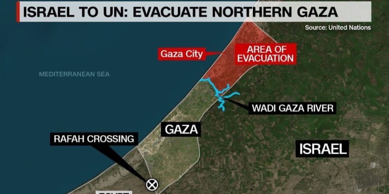 Mapa doporučené evakuace Palestinců podle vyjádření izraelské armády