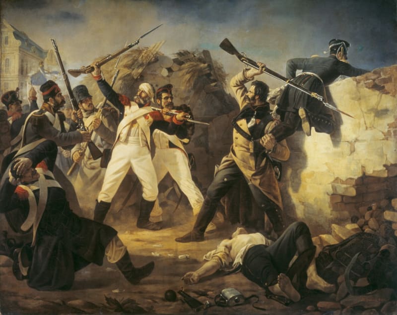 Statečný odpor ruského granátníka Leontije Korenného v bitvě u Lipska (obraz z roku 1846)
